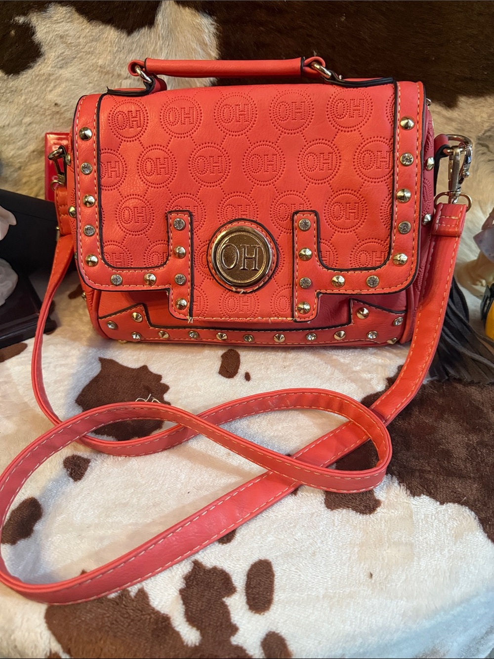 Oh Red Embossed Crossbody Bag with Gold Accents